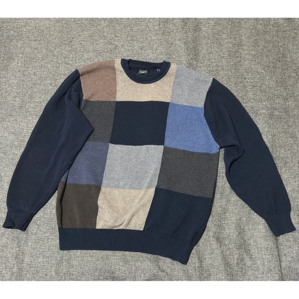 Haggar Mens Large Sweater Navy Blue Colorblock Patchwork Cotton Crew Neck